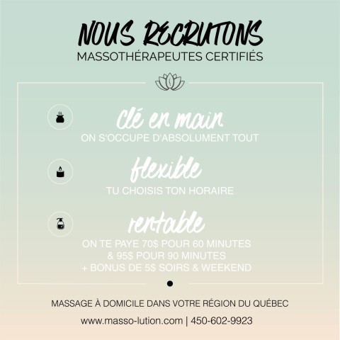 Nous recrutons massothérapeutes pour massage à domicile région Ste-Adèle